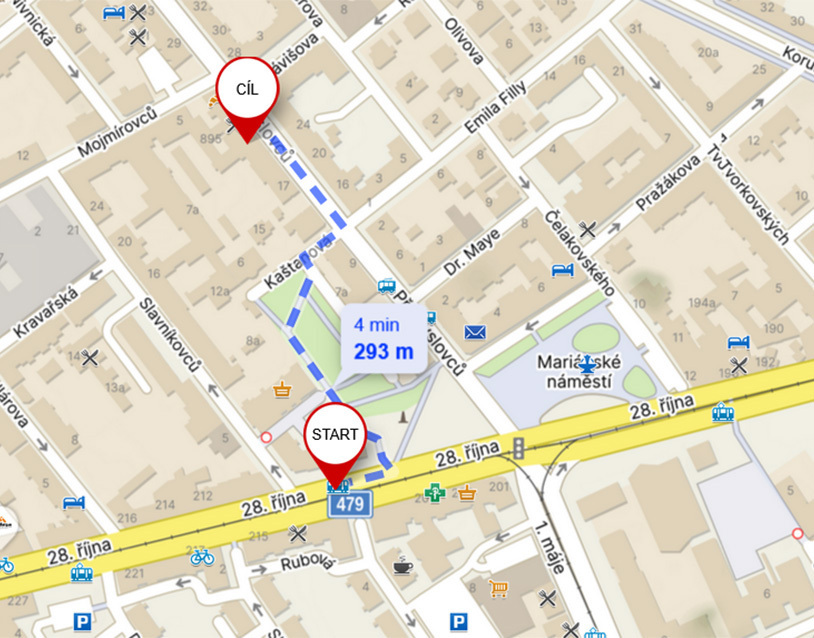zast�vka mari�nsk� n�m�st� - tramvaj 3,4,7,8,11,12,17,18,19, trolejbus 107 a 112, autobus 24 